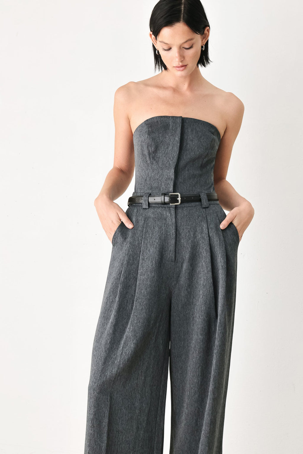 POWER HOUR STRAPLESS BELTED JUMPSUIT