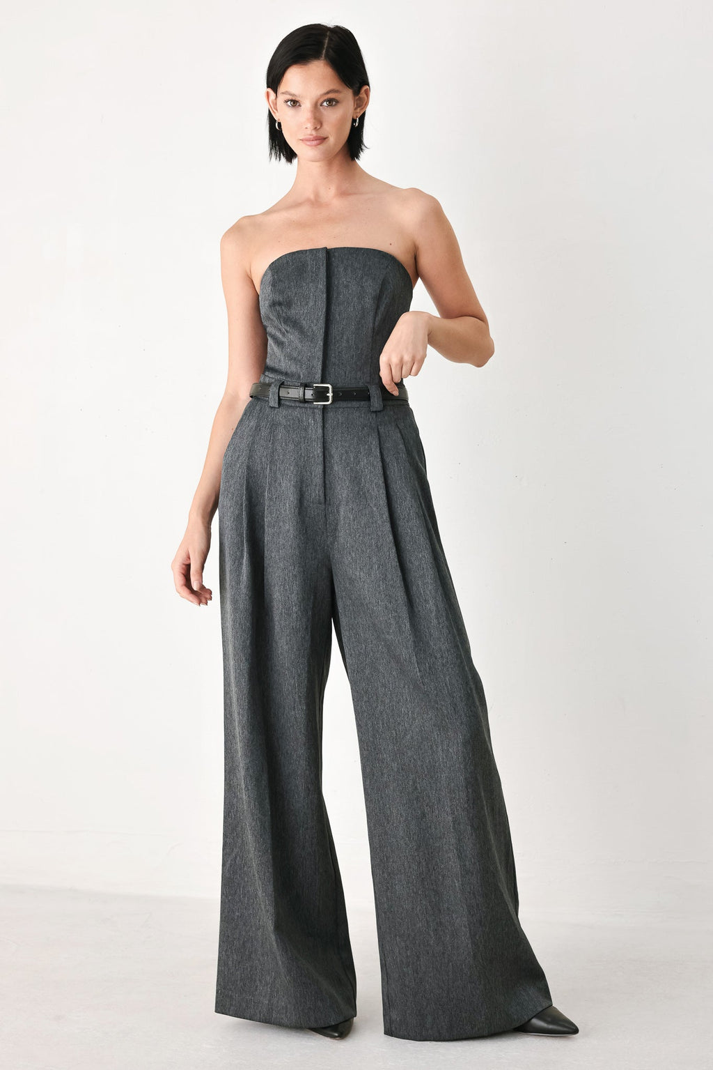 POWER HOUR STRAPLESS BELTED JUMPSUIT