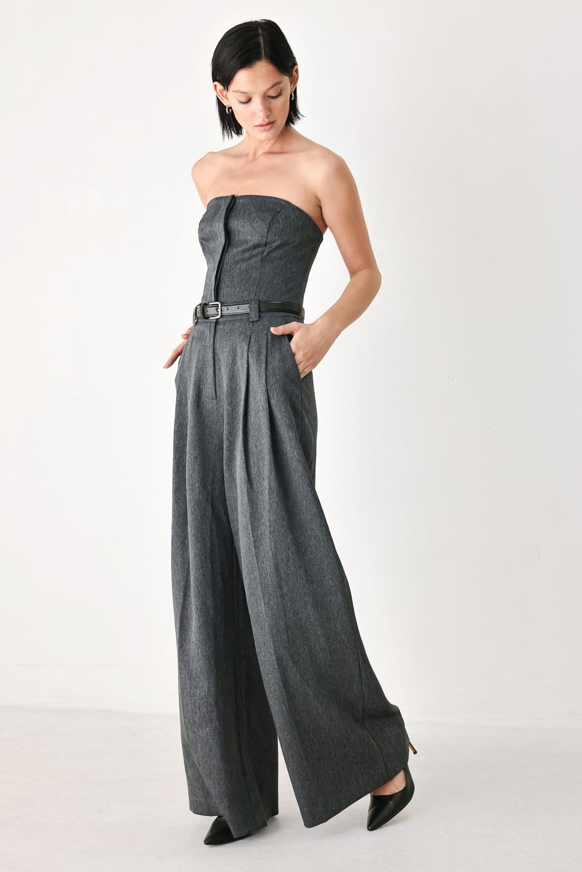 POWER HOUR STRAPLESS BELTED JUMPSUIT