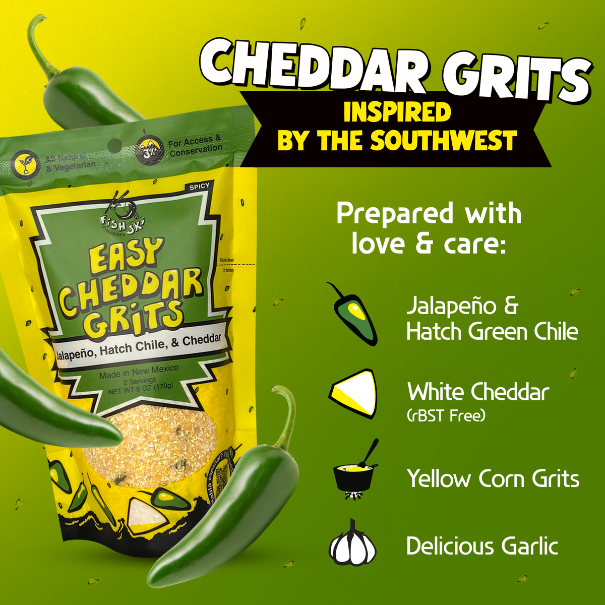 Jalapeño, Hatch Green Chile, Cheddar Grits