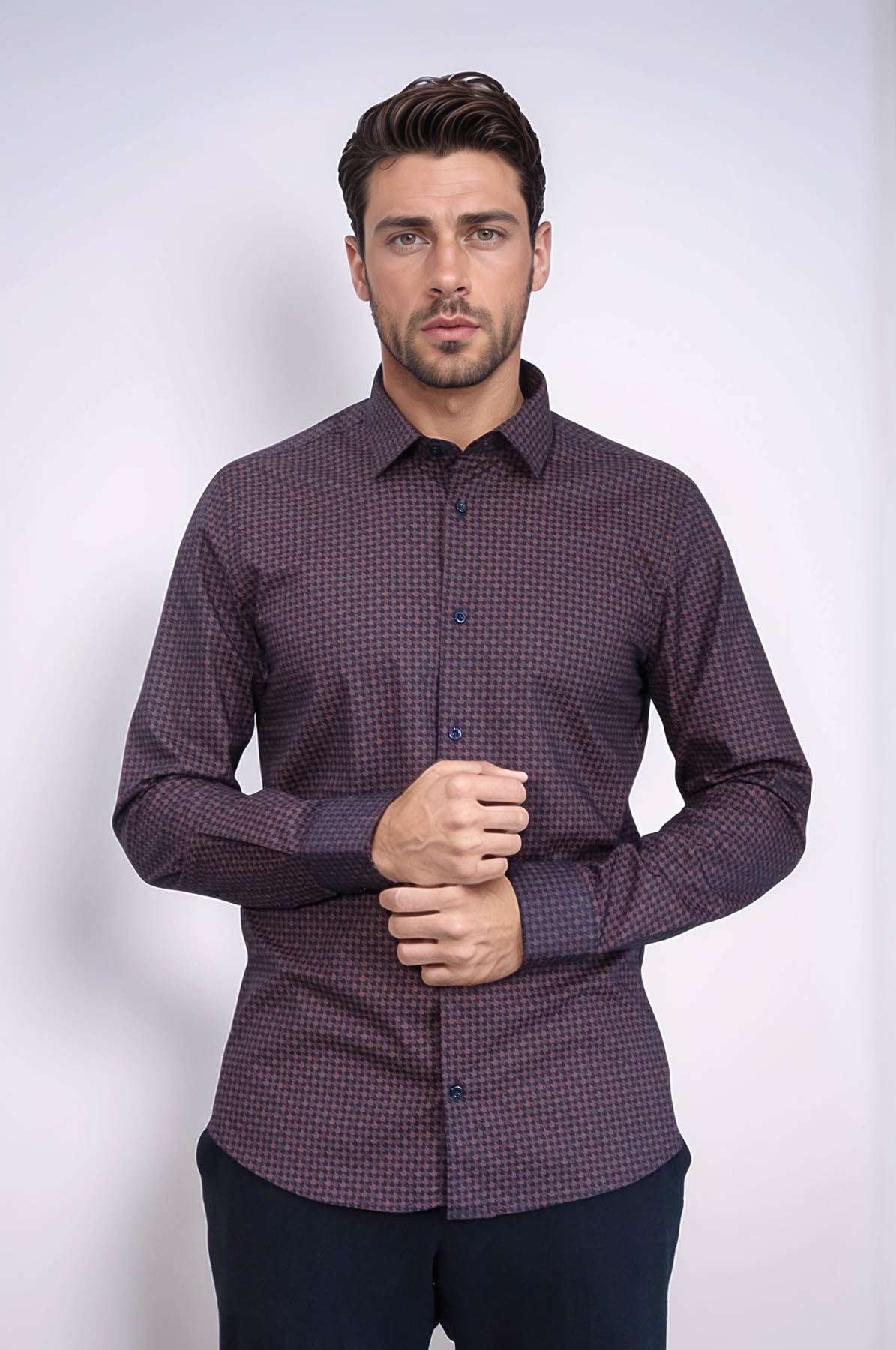 Houndstooth Pattern Slim Fit Brown Men Shirt - Wessi