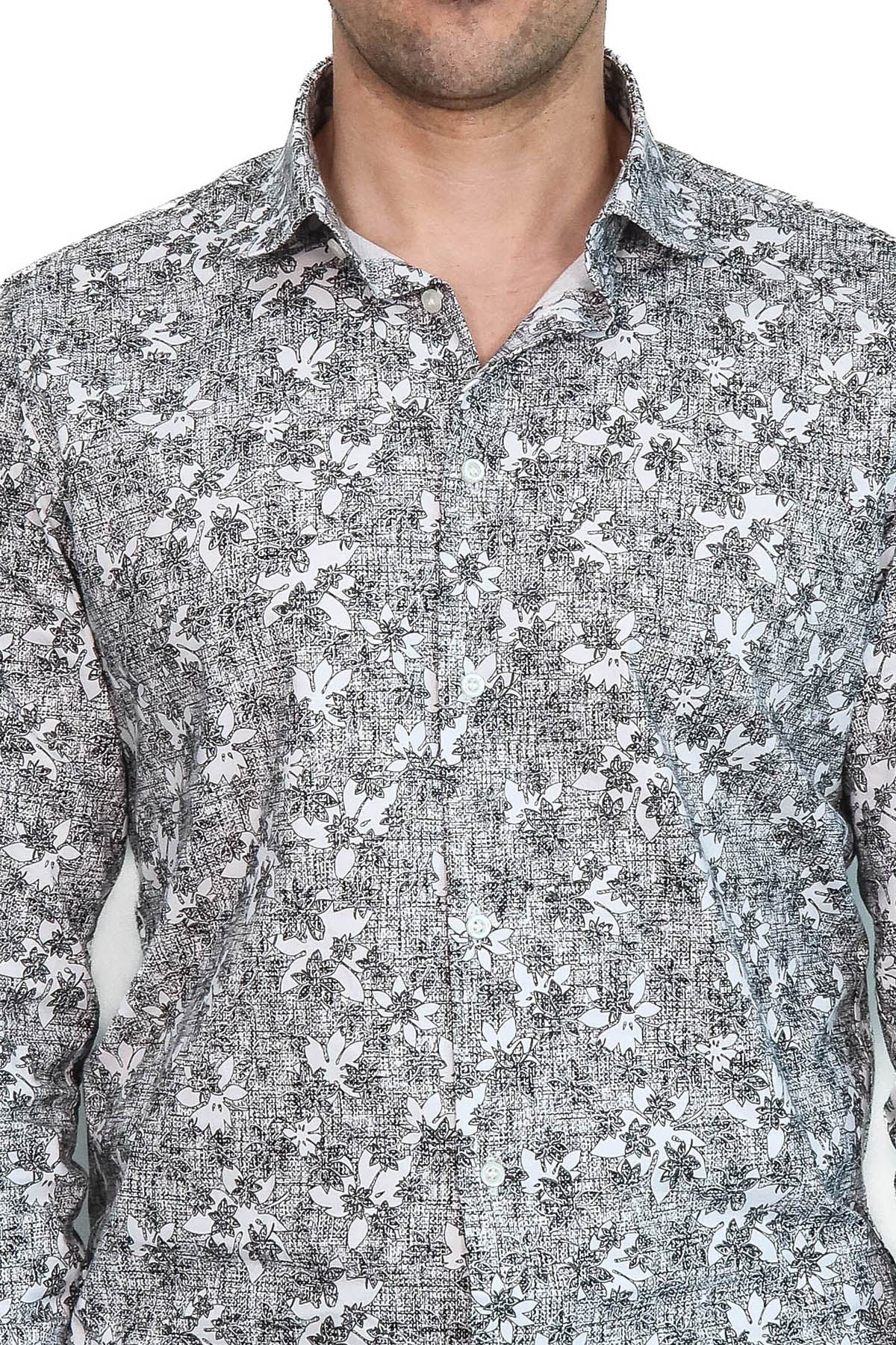 Bloom Patterned Dark Slim Fit Grey Men Shirt - Wessi