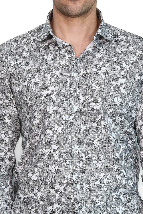 Bloom Patterned Dark Slim Fit Grey Men Shirt - Wessi