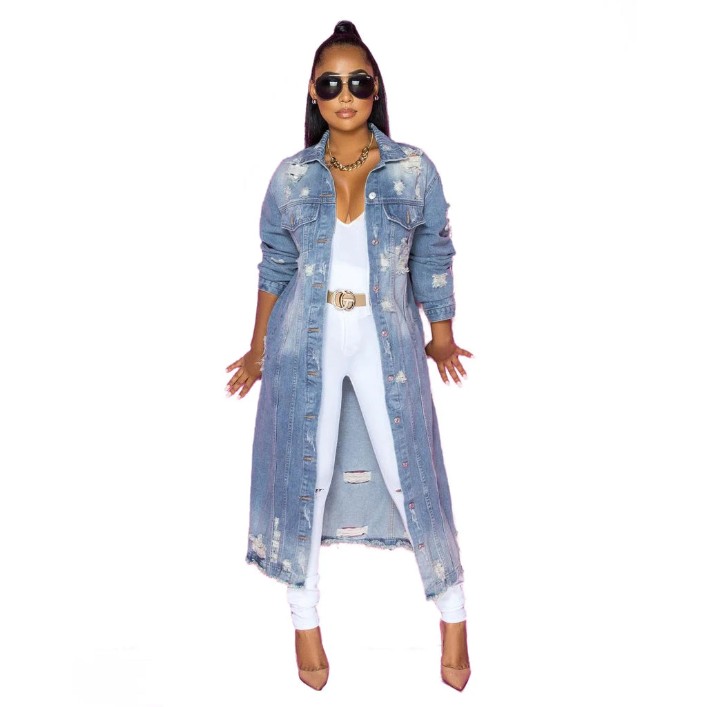 Fashion Women's Long Sleeve Denim Windbreaker Cardigan Denim Long Coat