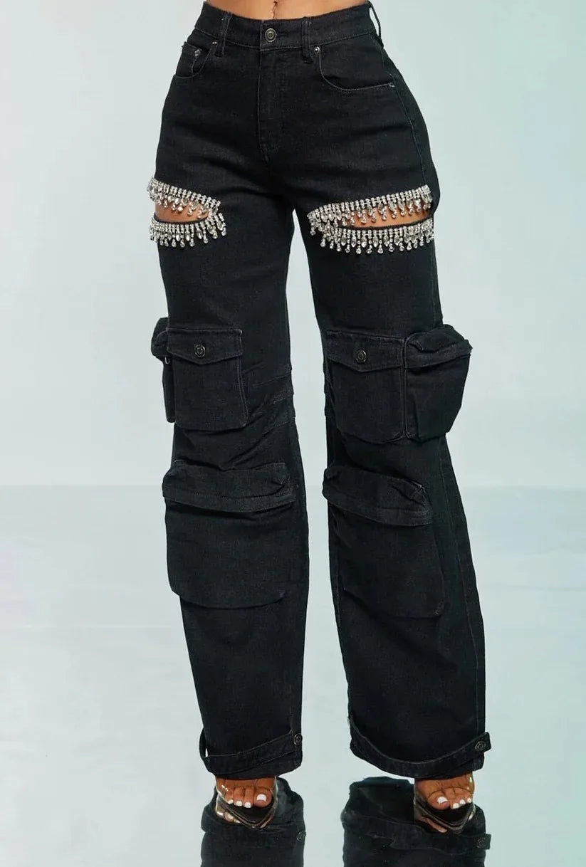 New Arrival Womens Cargo Denim Pants Fashion Mid-rise Jeans Straight Baggy Multi-pocket Hollow Out Rhinestones Trousers