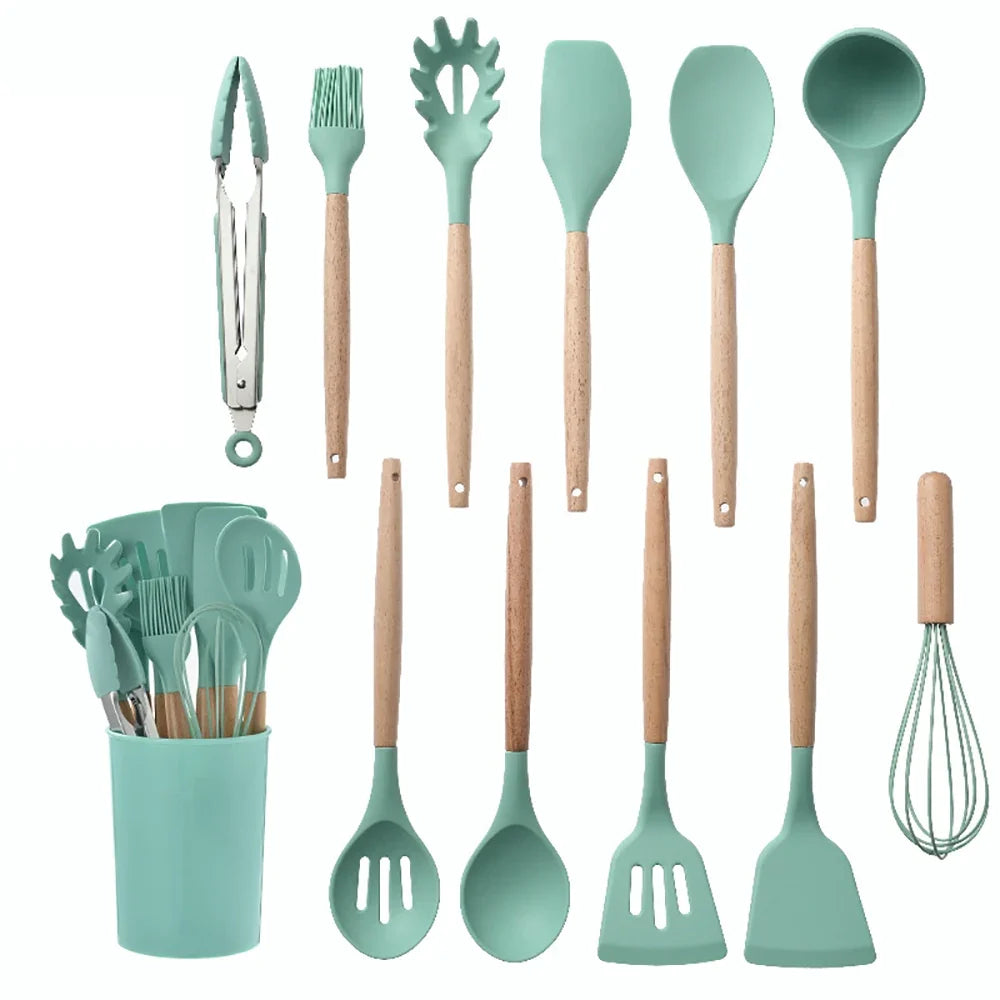 Silicone Cooking Utensil Set with Wooden Handles