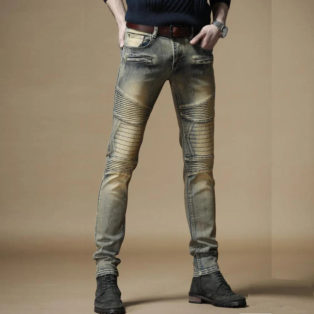 Top Fashion Slim Fit Men's Distressed Denim Bikers Jeans Pants Mid-Waist Pencil Style with Fast Delivery