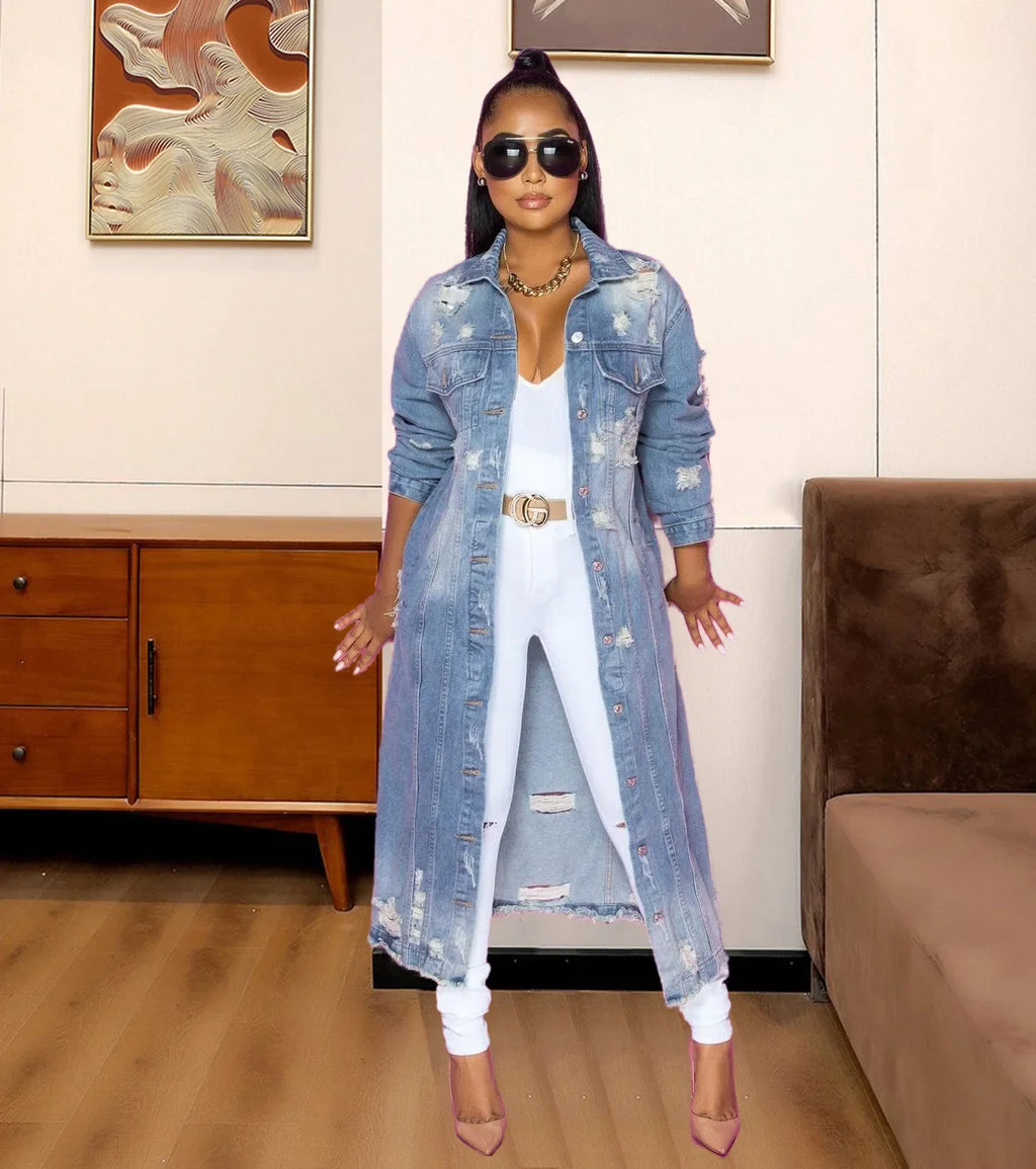 Fashion Women's Long Sleeve Denim Windbreaker Cardigan Denim Long Coat
