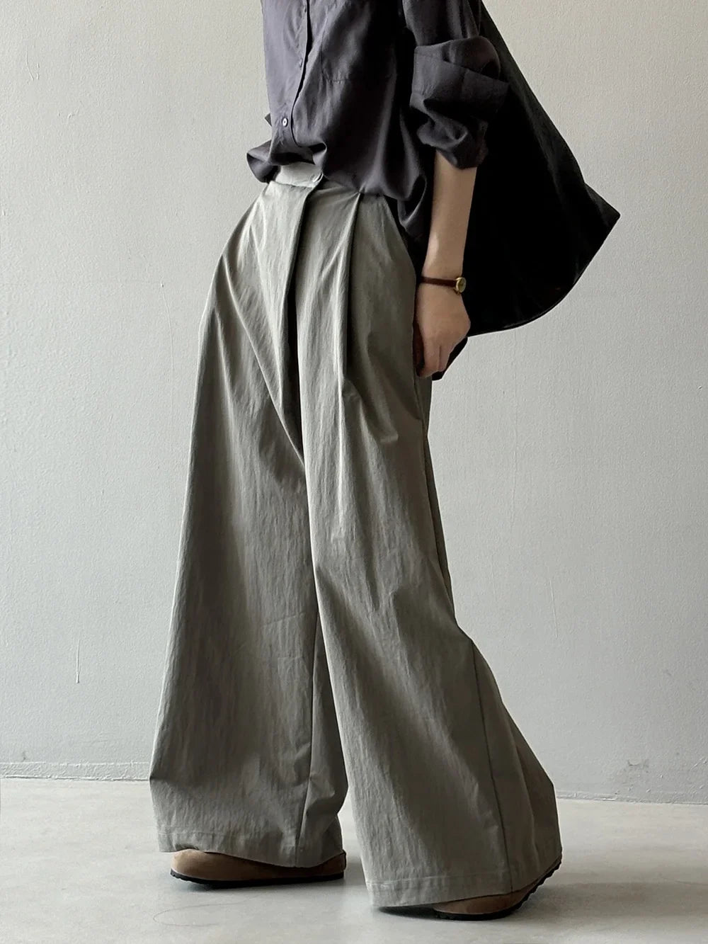Asymmetric Diagonal Placket Wide Leg Pants for Women's Spring Casual High Waisted Straight Leg Pants