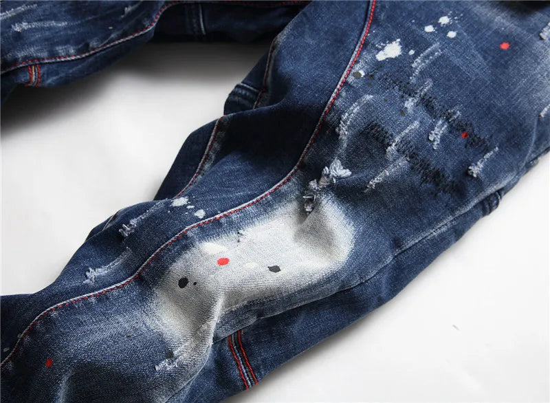 RTS 2021 Factory Wholesale Streetwear Crazy Fashion Zipper Washed Denim Paint Points Modern Designer Jeans Men Pants