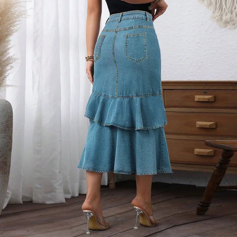 Latest Design Plus Size Women Jeans Skirt Silm Fit Mid Length Ruffle Denim Skirt for Women