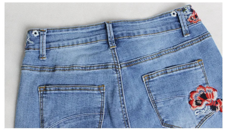 Women Stretch High Waist Embroidery Jeans Wide Leg Floral Denim Long Pants Flared Trousers Lady Women's Fashion Pants