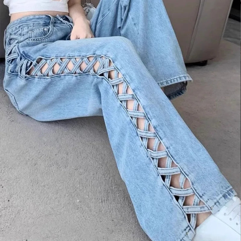 Hot Sale Plus Size Casual Flare Pants Mid Waist Distressed Bell Bottom Denim Jeans Breathable and Washed Techniques