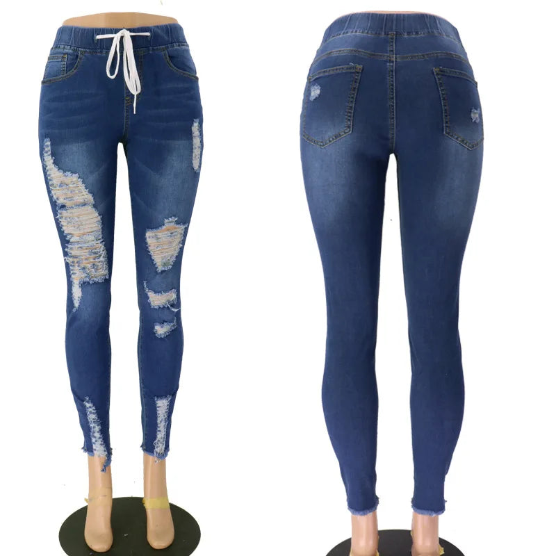 Fashion High Waisted Boyfriend Jeans for Women Lace up Slim Casual Hole Pencil Pants Sexy Autumn Denim Trousers Streetwear