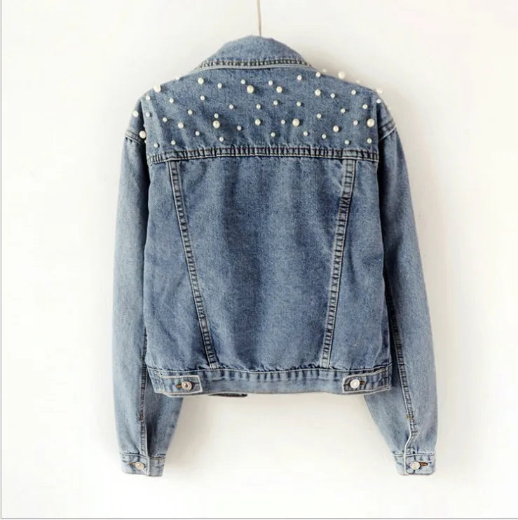 New New Fall Women Pearl Beading Crop Denim Jackets Women Casual Jeans Long Sleeve Denim Plus Size Coat