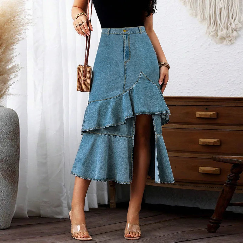 Latest Design Plus Size Women Jeans Skirt Silm Fit Mid Length Ruffle Denim Skirt for Women
