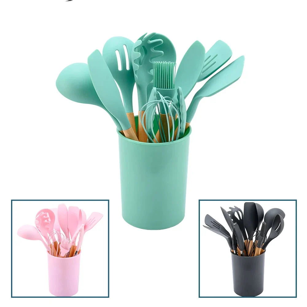 Silicone Cooking Utensil Set with Wooden Handles