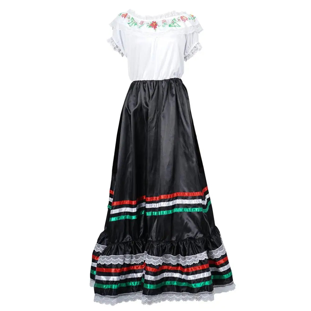 Eraspooky Retro Western Sexy Senorita Costume Women Lace Bohemian Maxi Spainish Off Shoulder Dance Dress Carnival Party