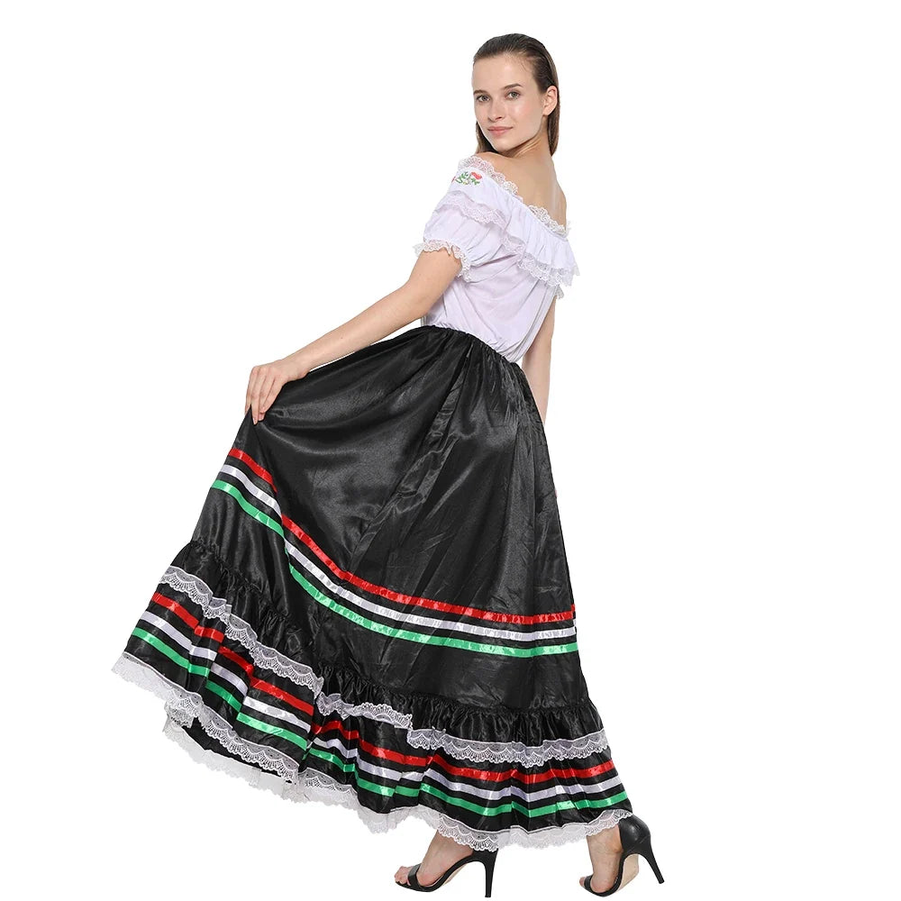Eraspooky Retro Western Sexy Senorita Costume Women Lace Bohemian Maxi Spainish Off Shoulder Dance Dress Carnival Party
