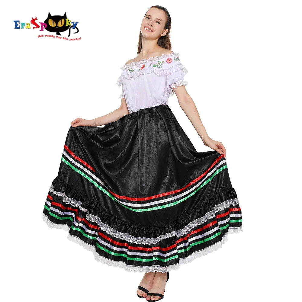Eraspooky Retro Western Sexy Senorita Costume Women Lace Bohemian Maxi Spainish Off Shoulder Dance Dress Carnival Party