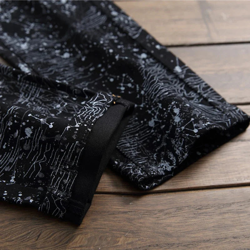 Sokotoo Men's slim black printed jeans Fashion stretch pencil pants