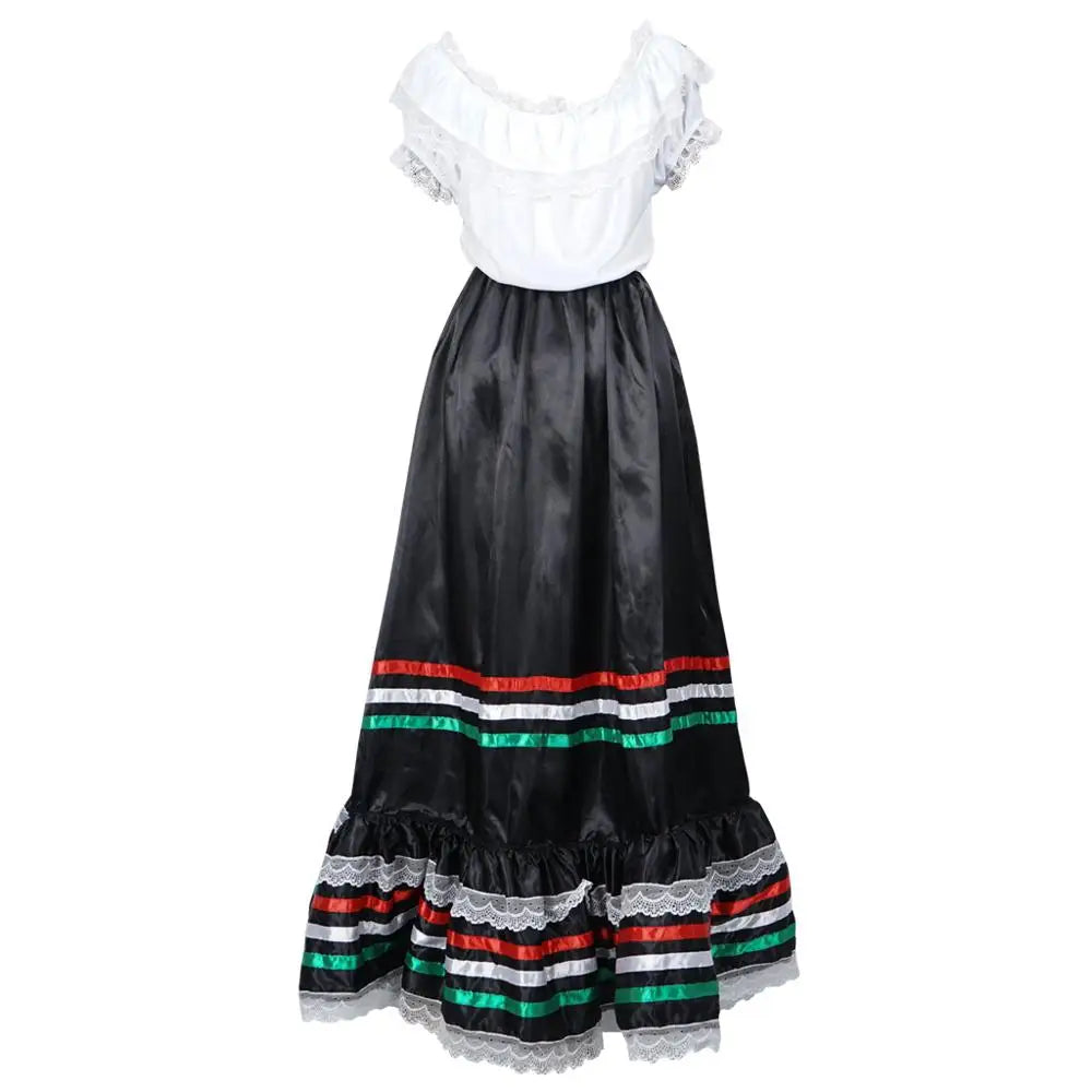 Eraspooky Retro Western Sexy Senorita Costume Women Lace Bohemian Maxi Spainish Off Shoulder Dance Dress Carnival Party