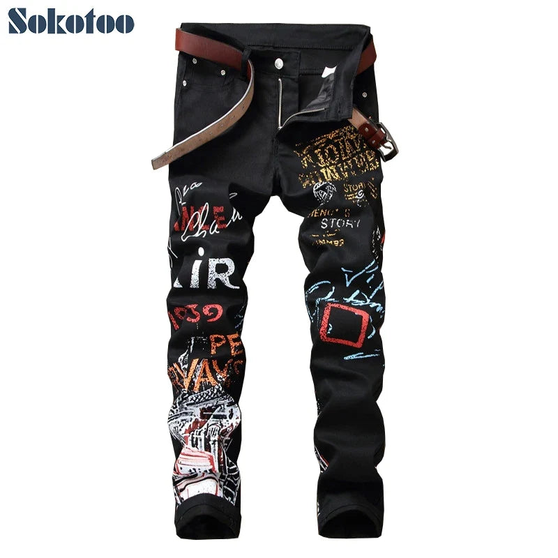 Sokotoo Men's letters pattern printed black jeans Fashion painted slim fit stretch cotton denim pencil pants