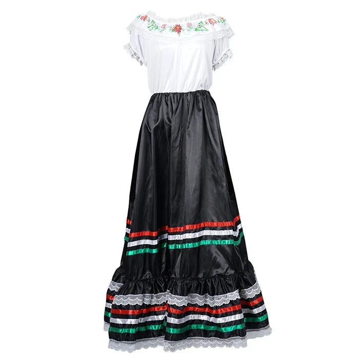 Eraspooky Retro Western Sexy Senorita Costume Women Lace Bohemian Maxi Spainish Off Shoulder Dance Dress Carnival Party