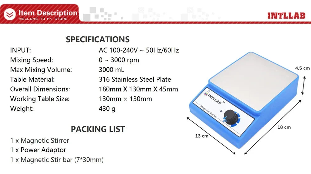 INTLLAB MS500 Magnetic Stirrer with 3000 RPM Control and Stir Bar