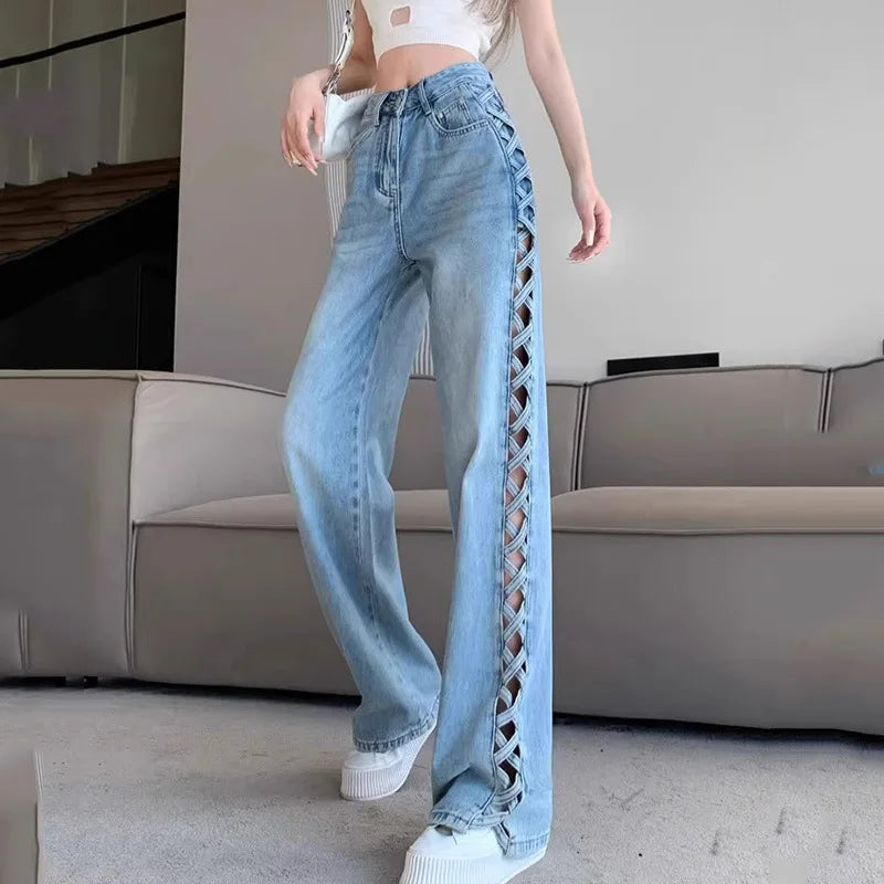 Hot Sale Plus Size Casual Flare Pants Mid Waist Distressed Bell Bottom Denim Jeans Breathable and Washed Techniques
