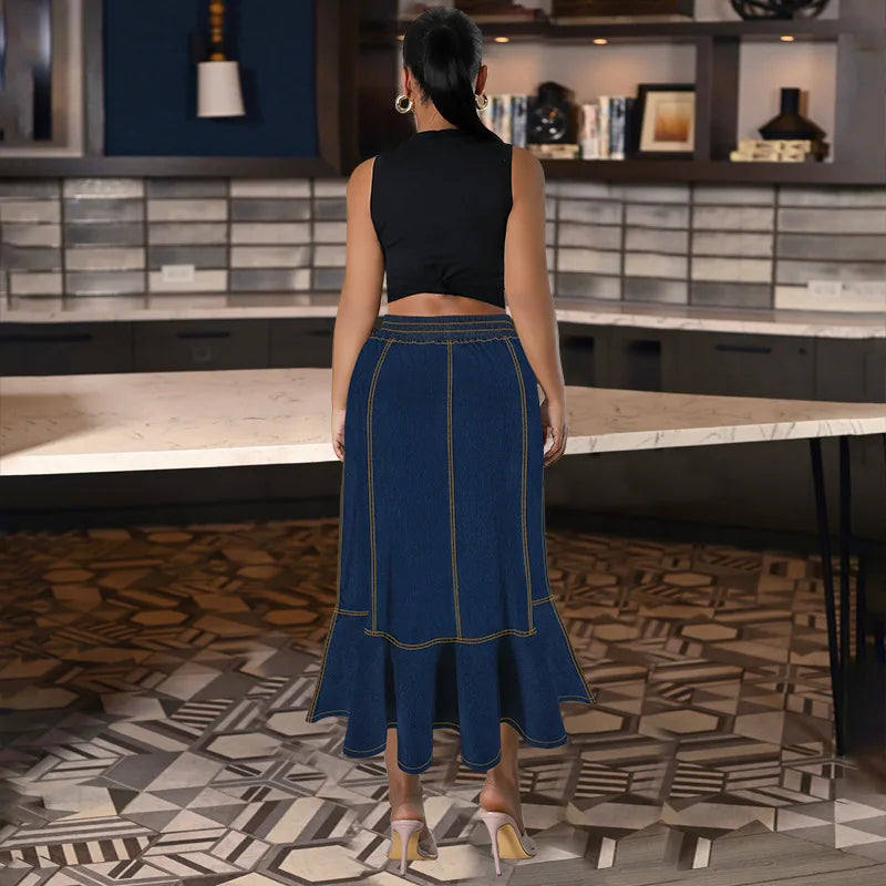 Latest Design Plus Size Women Jean Skirt Elastic Waistband Ruffle Long Denim for