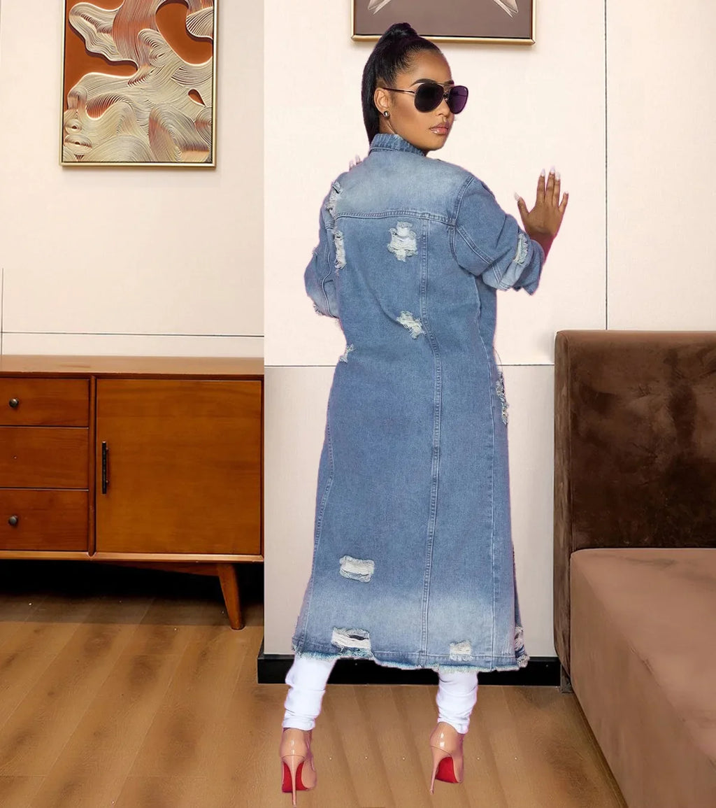 Fashion Women's Long Sleeve Denim Windbreaker Cardigan Denim Long Coat