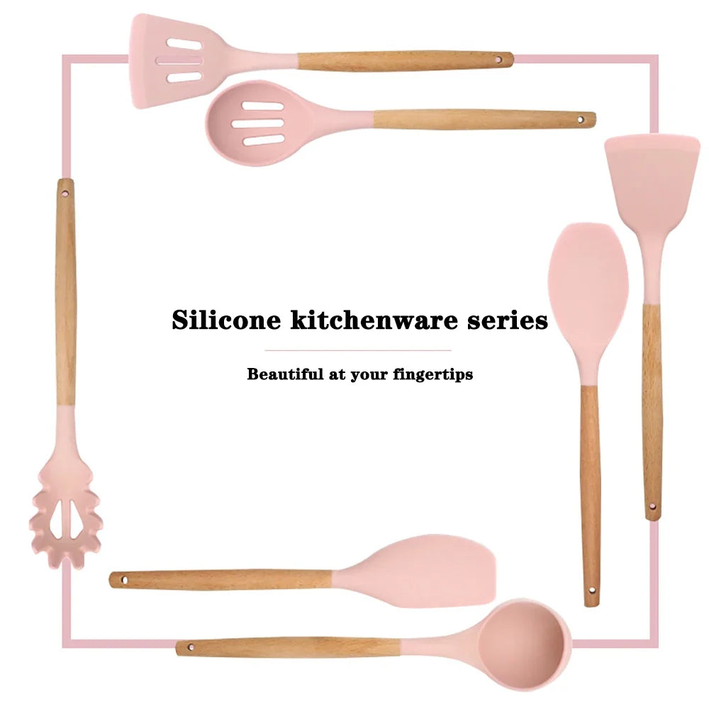 Silicone Cooking Utensil Set with Wooden Handles