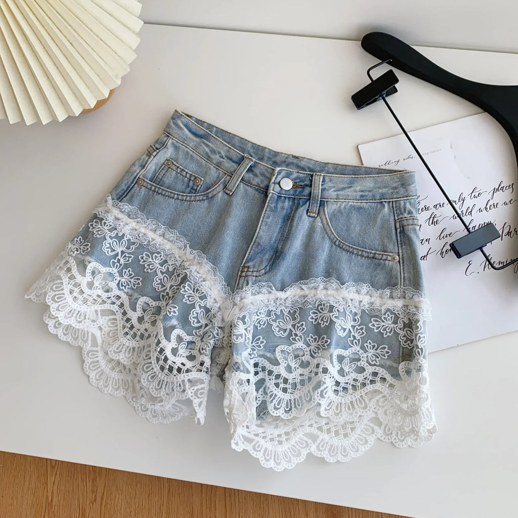 Spring Lace Short Jeans Women Print High Waist Denim Pants Girls Outdoor Pants Wholesale