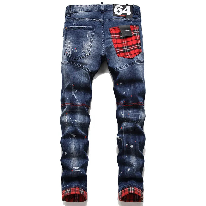 RTS 2021 Factory Wholesale Streetwear Crazy Fashion Zipper Washed Denim Paint Points Modern Designer Jeans Men Pants