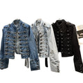 New Classical Metal Ribs Buckle Design Washed Breathable Vintage Short Denim Jacket for Ladies Autumn Winter Summer Nylon/Cotton