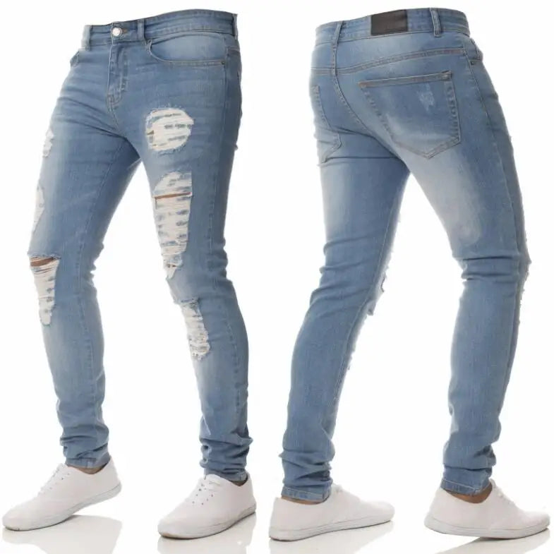 RNSHANGER Men Fashion Street Style Ripped Skinny Jeans Vintage Wash Solid Denim Trouser Mens Casual Slim Fit Pencil Denim Pants