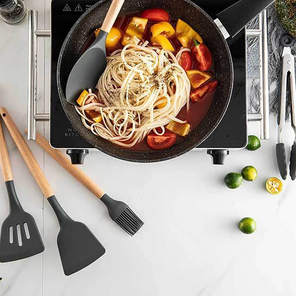 Silicone Cooking Utensil Set with Wooden Handles