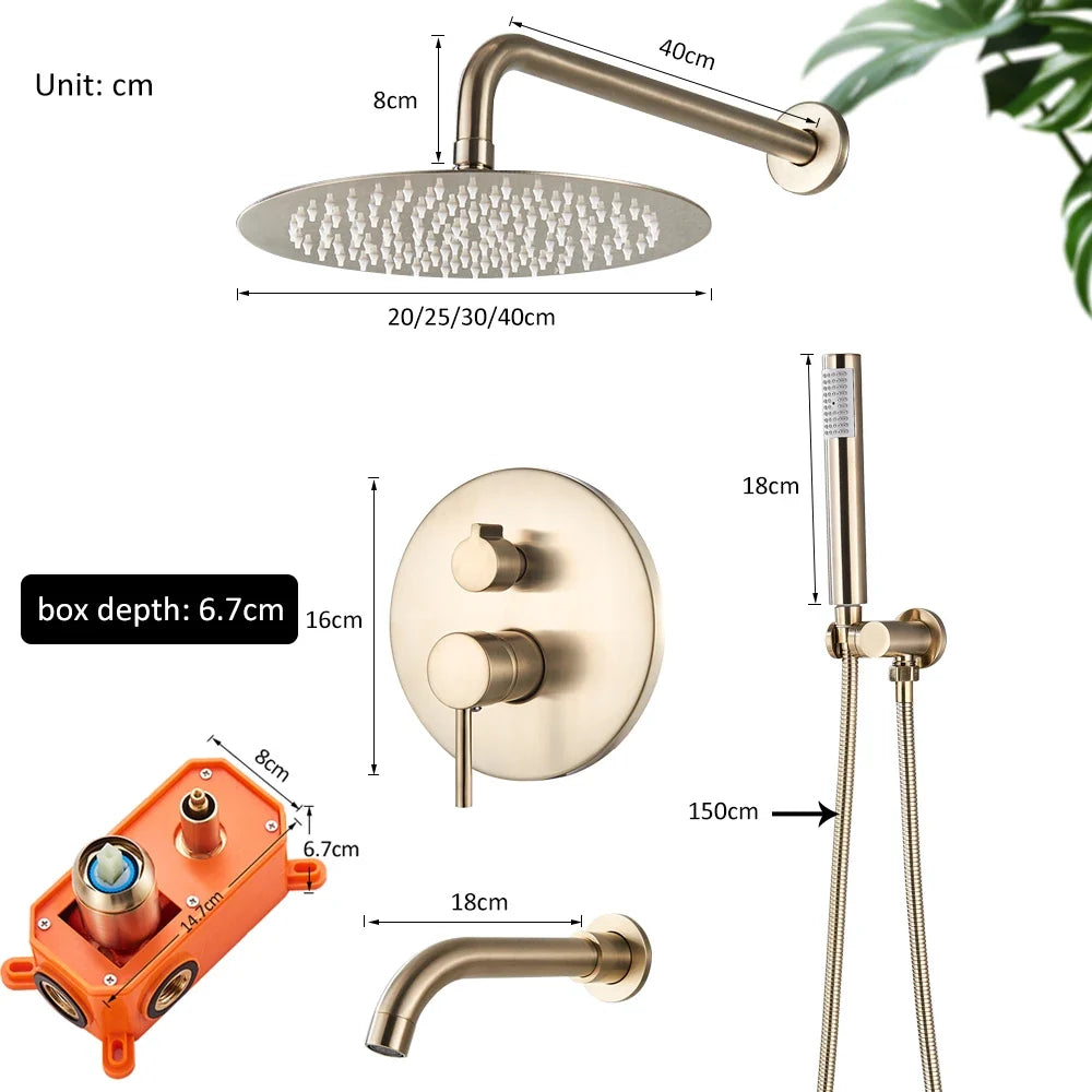 Gold Brushed Shower Faucets Set 2/3 Way Concealed Shower System For Bathroom Rainfall Shower With Tub Spout