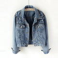 New New Fall Women Pearl Beading Crop Denim Jackets Women Casual Jeans Long Sleeve Denim Plus Size Coat