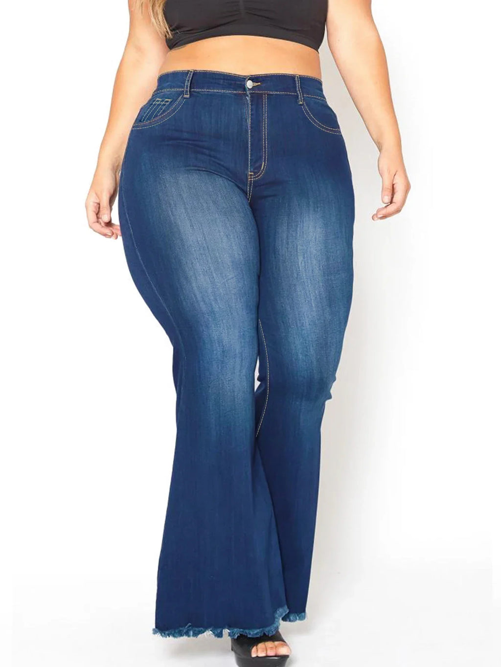 China Factory Wholesale Navy Good Quality Women Mid Waist Stretchy Regular Fit Plus Size Bleach Wash Flare Denim Jeans Pants