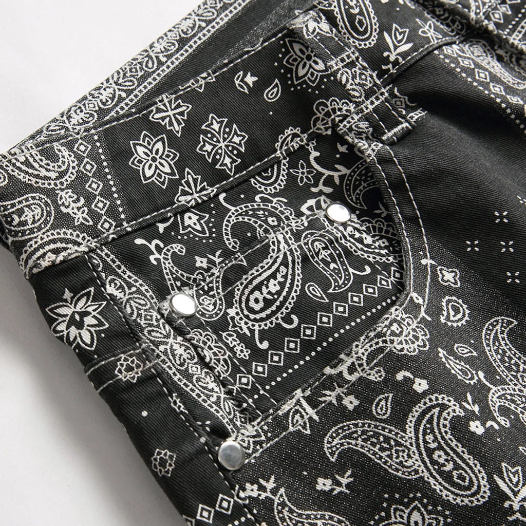 Men Paisley Bandanna Printed Jeans Fashion 3D Digital Painted Stretch Denim Pants Slim Straight Black Trousers