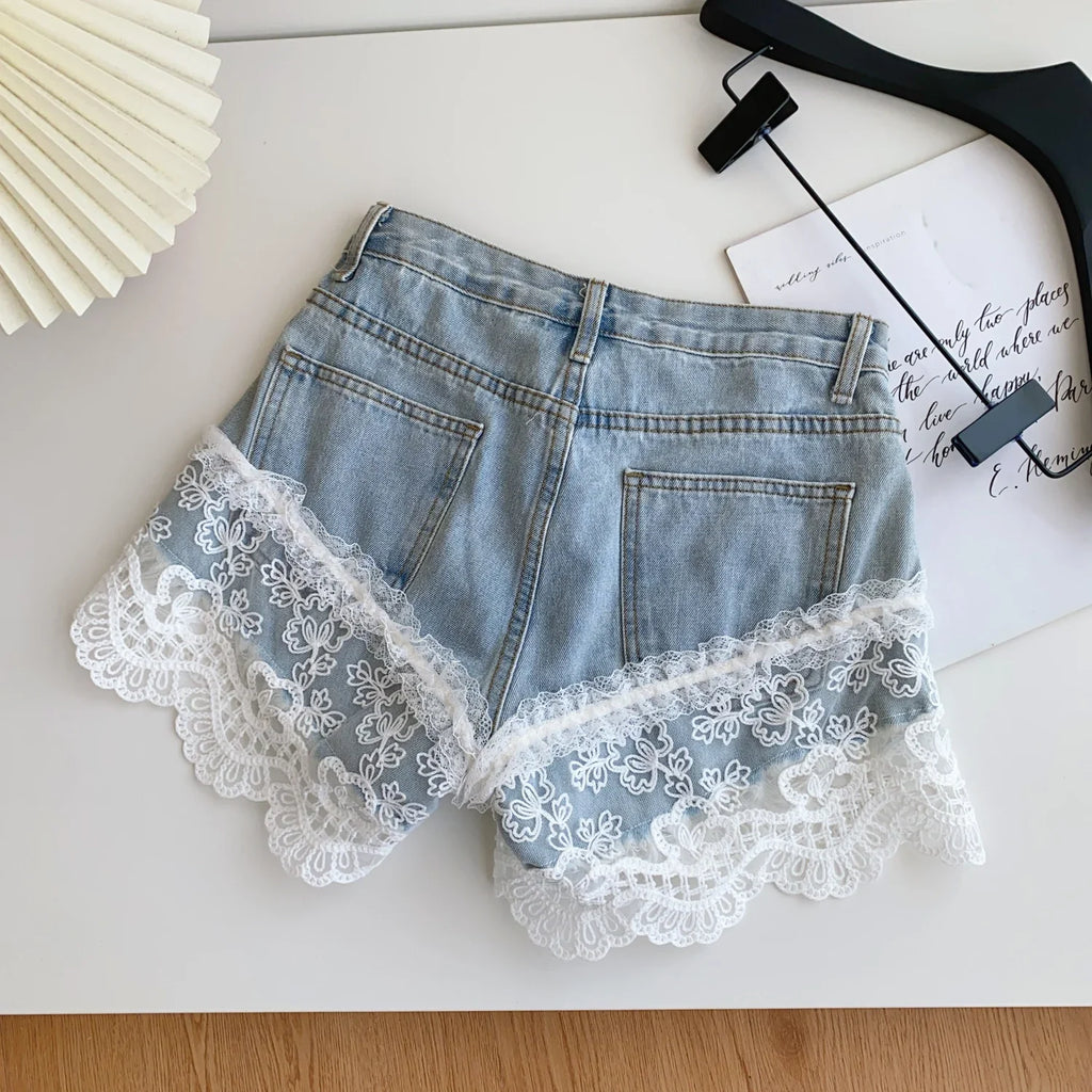 Spring Lace Short Jeans Women Print High Waist Denim Pants Girls Outdoor Pants Wholesale