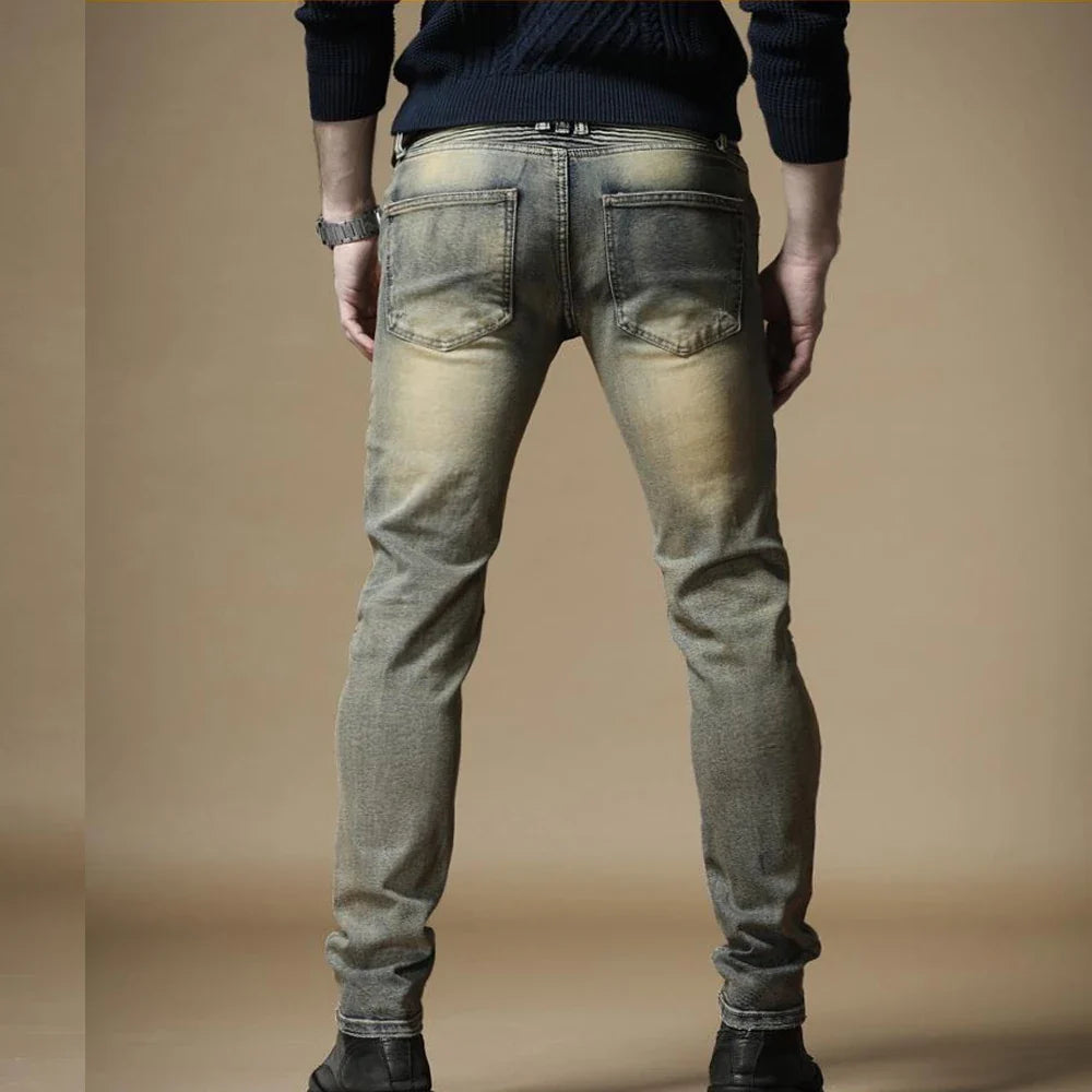 Top Fashion Slim Fit Men's Distressed Denim Bikers Jeans Pants Mid-Waist Pencil Style with Fast Delivery
