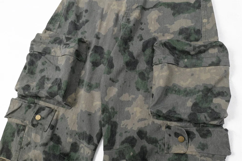 Tie Dye Camouflage Large Pocket Overalls Designer Men's Trend Loose Stone Wash Denim Fashion Patch Wide Leg Straight Men's Jeans