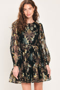 MIDNIGHT FLIRT BLACK PRINTED RUFFLE-HEM MINI DRESS