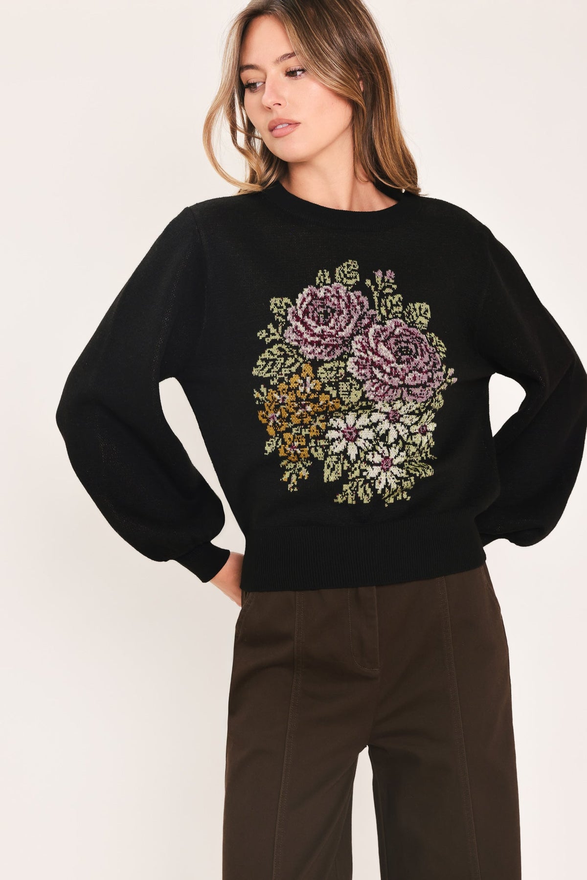 COZY ALL DAY BLACK BALLOON-SLEEVE SWEATER
