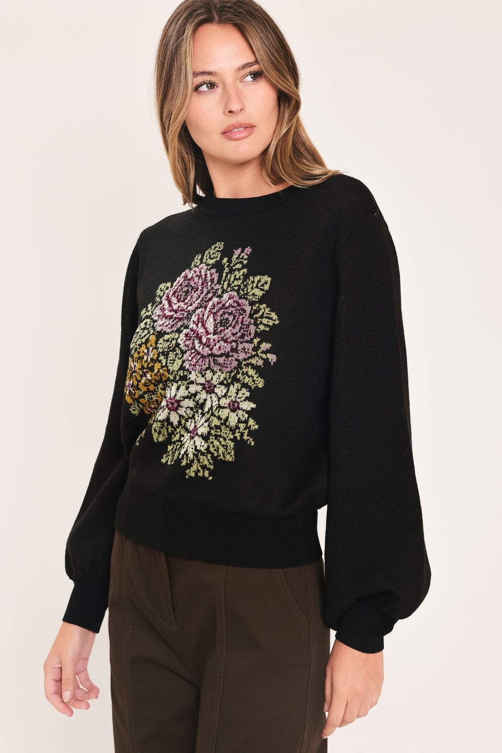 COZY ALL DAY BLACK BALLOON-SLEEVE SWEATER