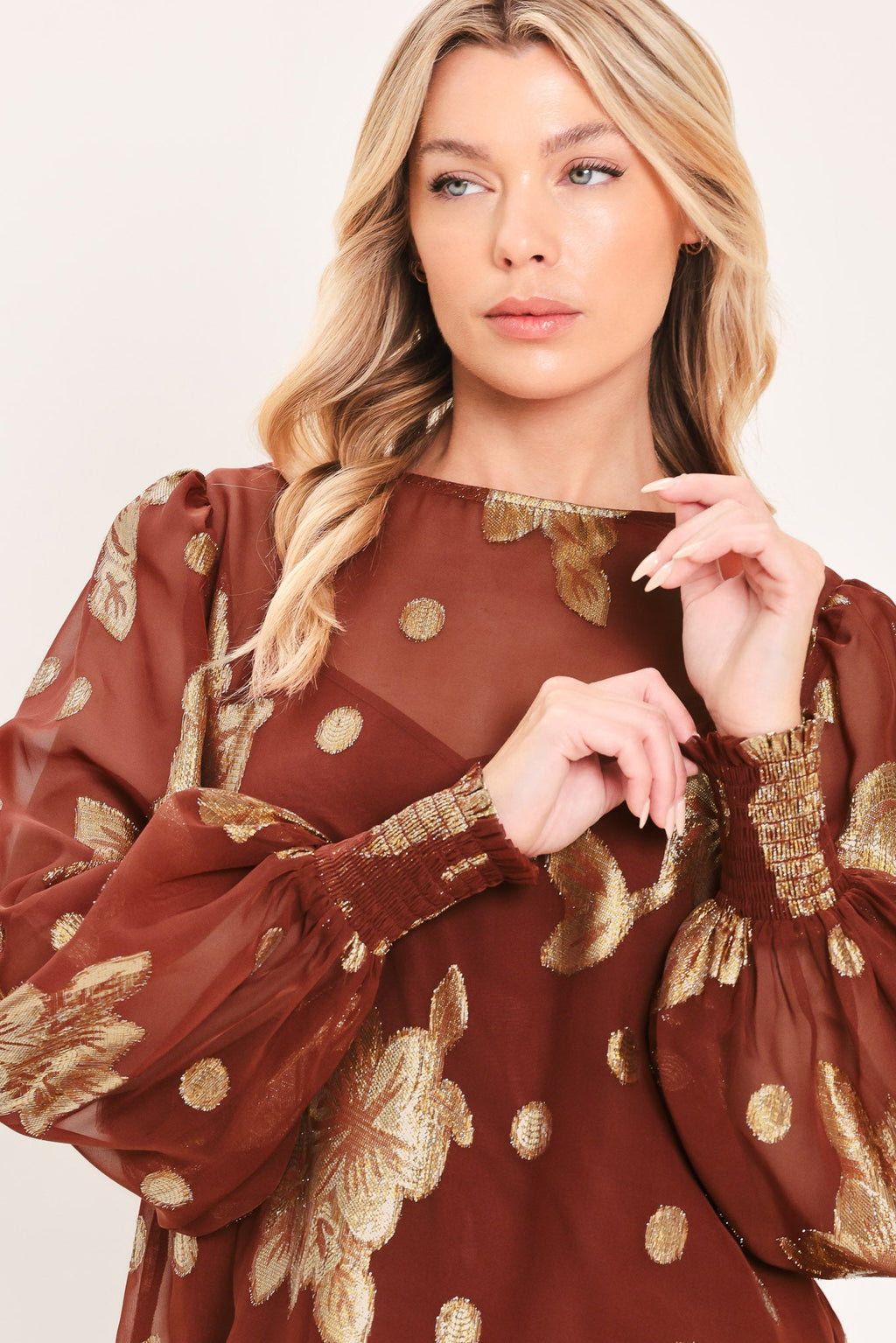 MAHOGANY PETAL SPARK WOVEN TOP