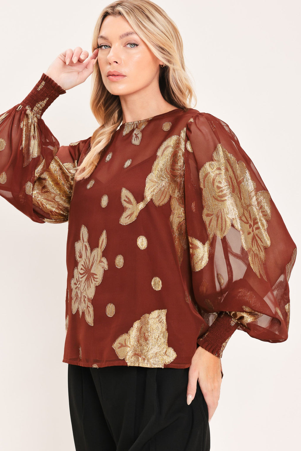 MAHOGANY PETAL SPARK WOVEN TOP